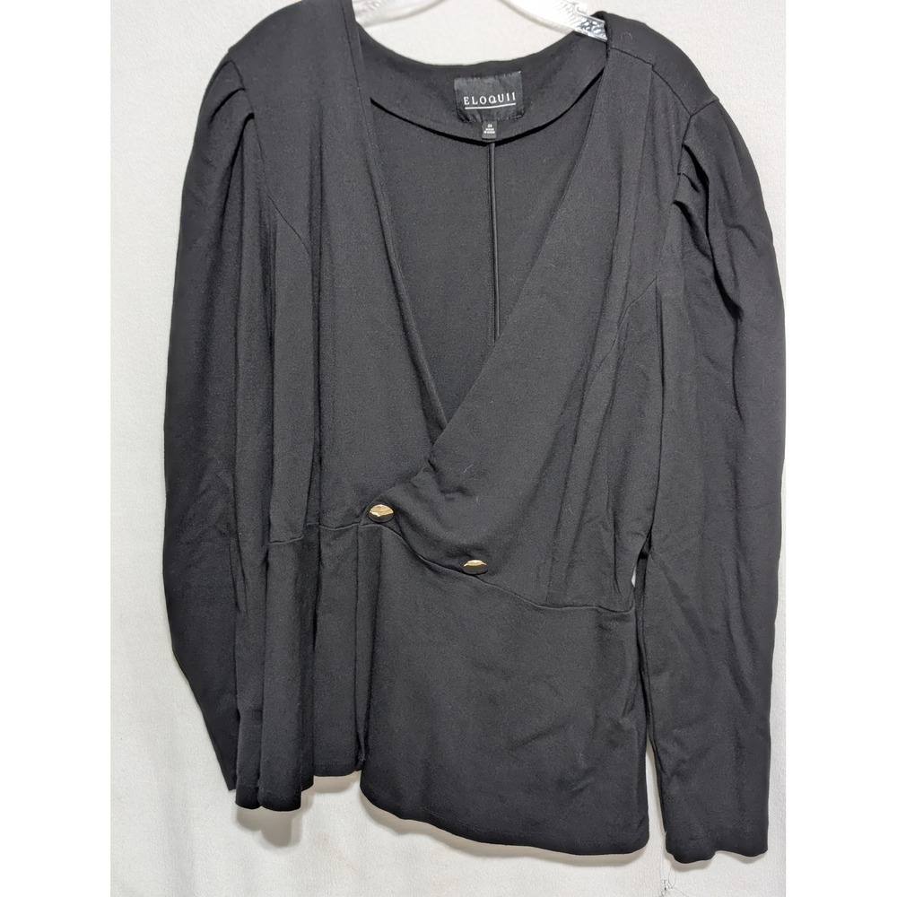 Eloquii Black Puff Shoulder Wrap Top Gold Button V-Neck Blouse Plus Size 24